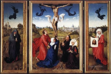 クリスチャン・イエス Painting - 磔刑 三連祭壇画 宗教的 ロジャー・ファン・デル・ウェイデン 宗教的キリスト教徒
